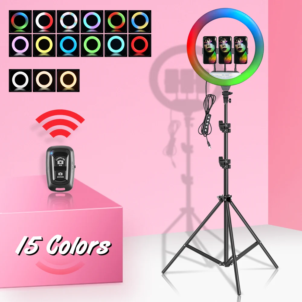 14 inch 35.6cm RGB Ring Light Tripod LED Round Lamp Selfie Stick Tripod with Stand RGB 15 colors Video Light for Youtube