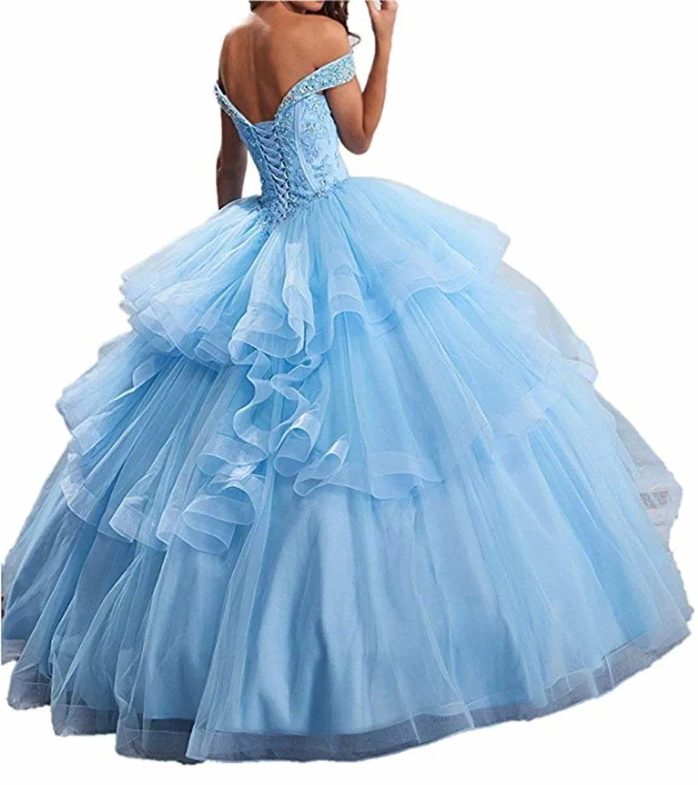 Off Shoulder Quinceanera Jurken Kralen Applique Baljurken vestidos de 15 anos Ruches Tiered Organza vestido de debutante