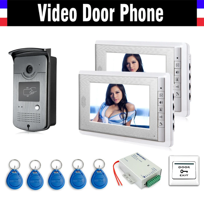 7 Inch 2PCS Screen Video Door Phone Doorbell Intercom Kits System +5 PCS RFID keyfobs +  Alunimum panel Camera, ID Card Unlock