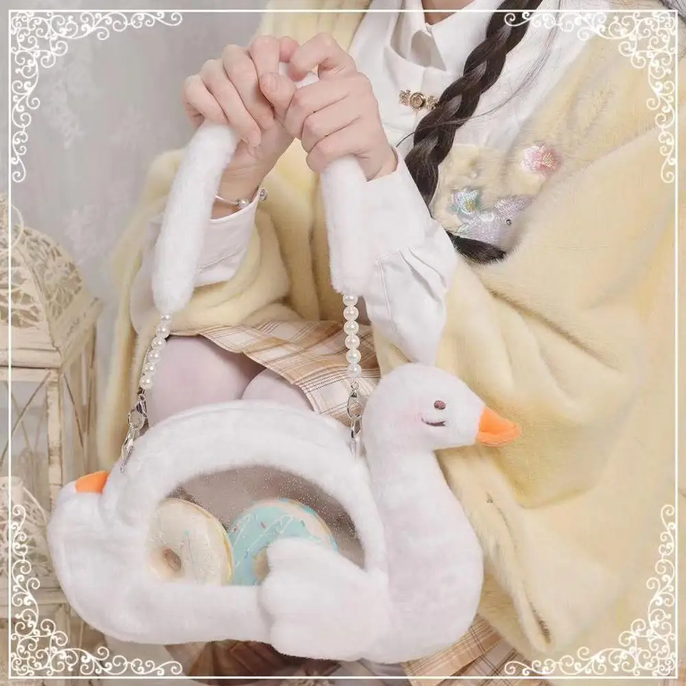 

Soft Sister Kawaii Plush Stuffed Swan Lolita Messenger Bag Pearl Chain Handbag Harajuku Lovely Sweet Girl Transparent Itabag