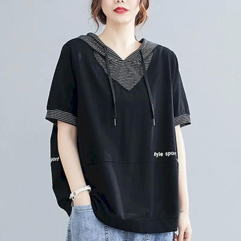 Womens Short-sleeved Hoodies Oversized Korean Loose T-shirt Literary Striped Drawstring Hooded Stitching Printed T-shirt Summer