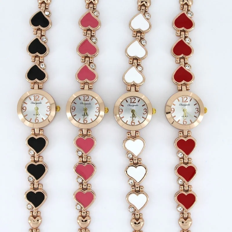 ساعة يد نسائية كوارتز مرصعة بالكريستال والماس ، عصرية وشعبية ، تصميم قلب