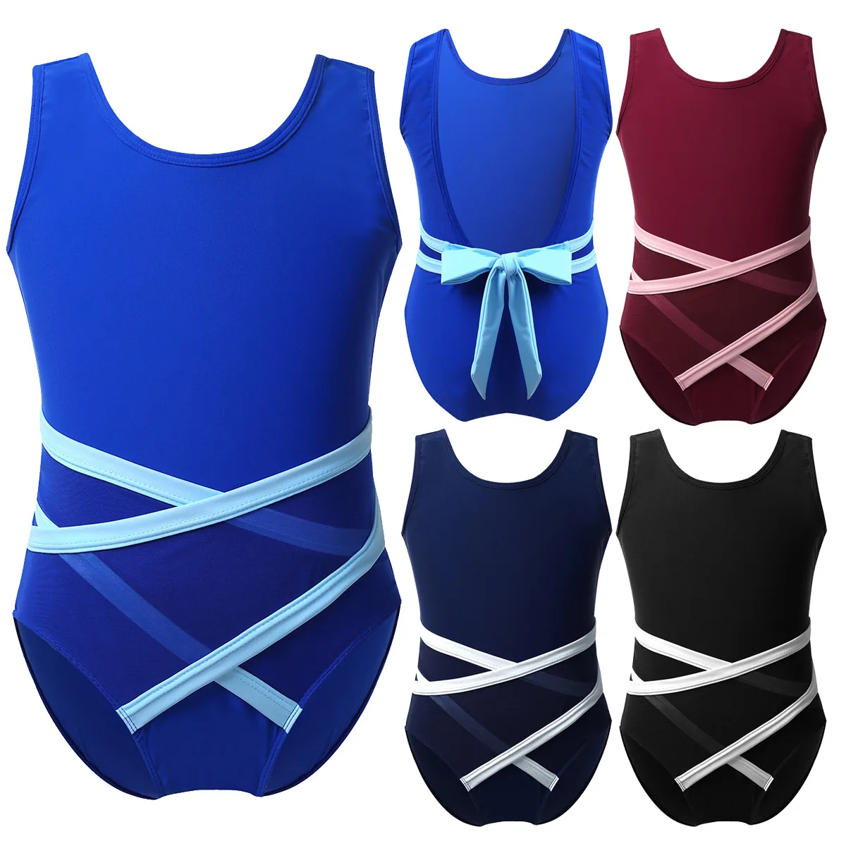 Kids Sleeveless U-Shaped Back Strappy Waist Gymnastics Leotards Girls Ballet Dancewear Gym Unitards Stage Performance Costume