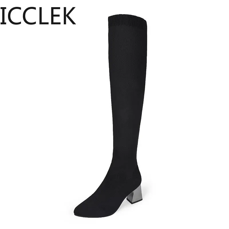 Women Boots High Heels Over The Knee Boot Knitting Socks Booties Stretch Fabric Thigh High Boots Woman Shoes High Heels Sexy