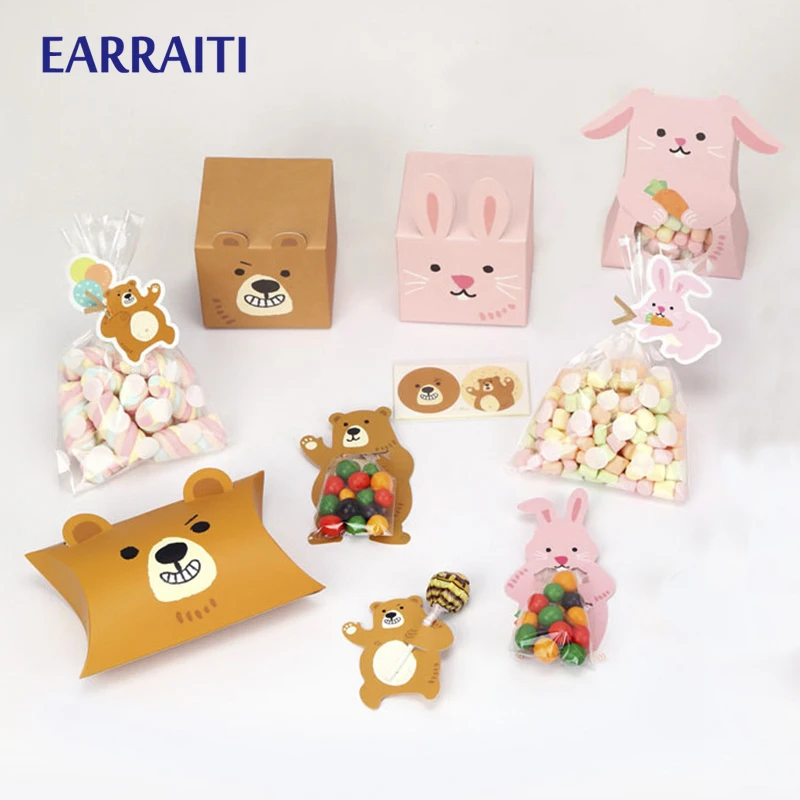 12PCS Small Candy Gift Box For Baby Shower Kids Birthday Party Favours Pillow Box Packaing Bag Cookie Chocolate Cute Bear Rabbit