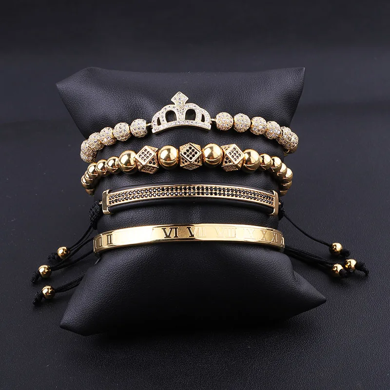 

High Quality New Design Fashion CZ Pave Crown Charm Stainless Steel Roman Bangle Luxury Bracelet Set Women