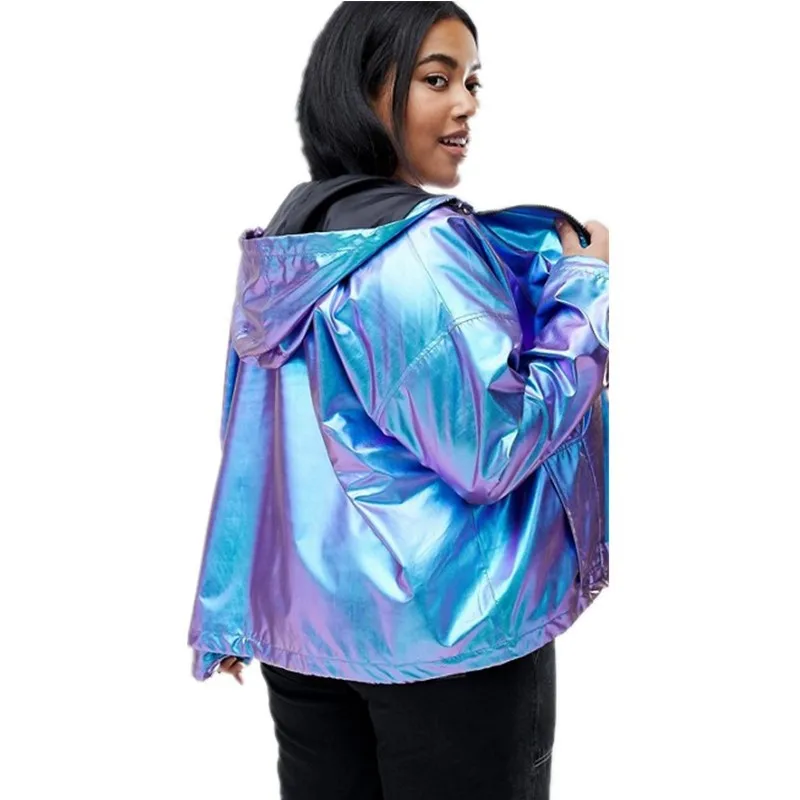 Female Reflective Blue Gradient Metal Color Hooded Bomber Jacket Oversize Coat Zipper Waterproof Glossy Cardigan Long Sleeve Top