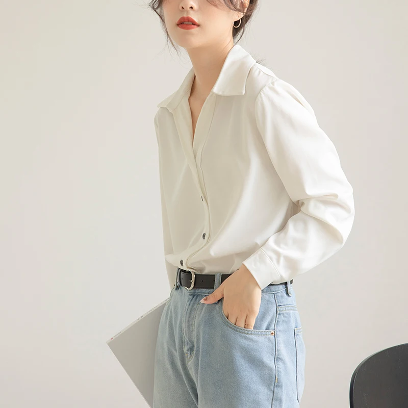 Seoulish 2021 New Spring Autumn Stain OL Style Formal Women's Blouse Turn-down Long Sleeve Shirts Female Workwear Elegant Tops