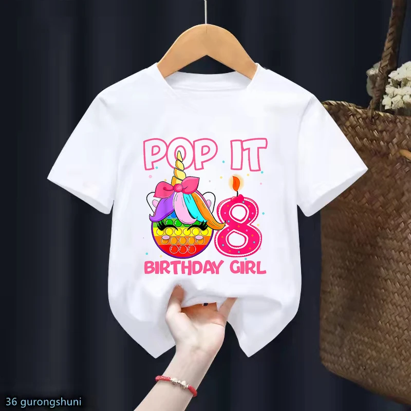 

Pop It 8th Birthday Girl Graphic Print T-Shirt Girls Rainbow Unicorn Fidget Toys Kawaii Kids Clothes Funny Tshirt Harajuku Shirt