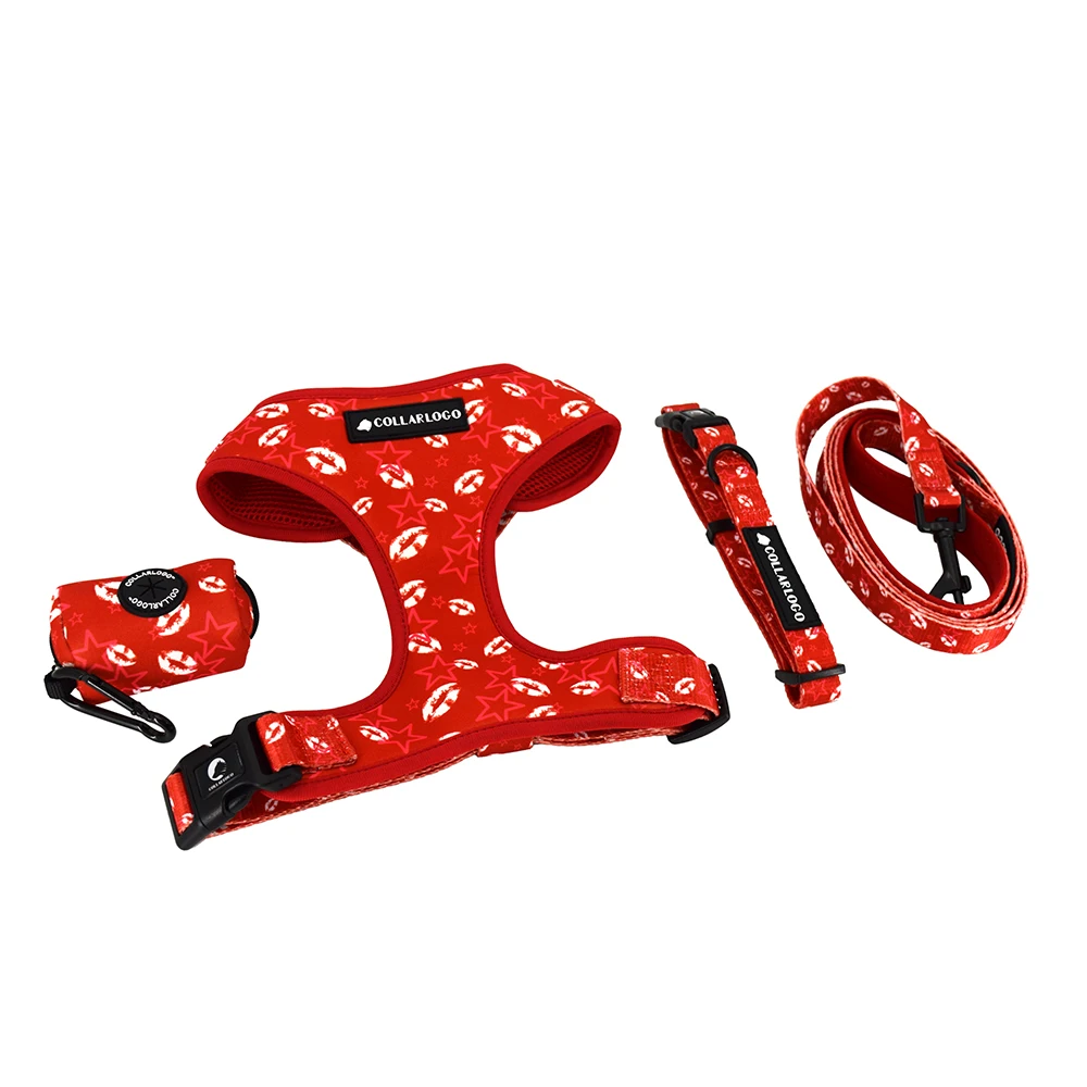 Adjustable Pet Dog Collar Durable Soft Cute Creative Colored Red Lip Print Design Leash Neoprene Harness With Poop Bag Dispenser