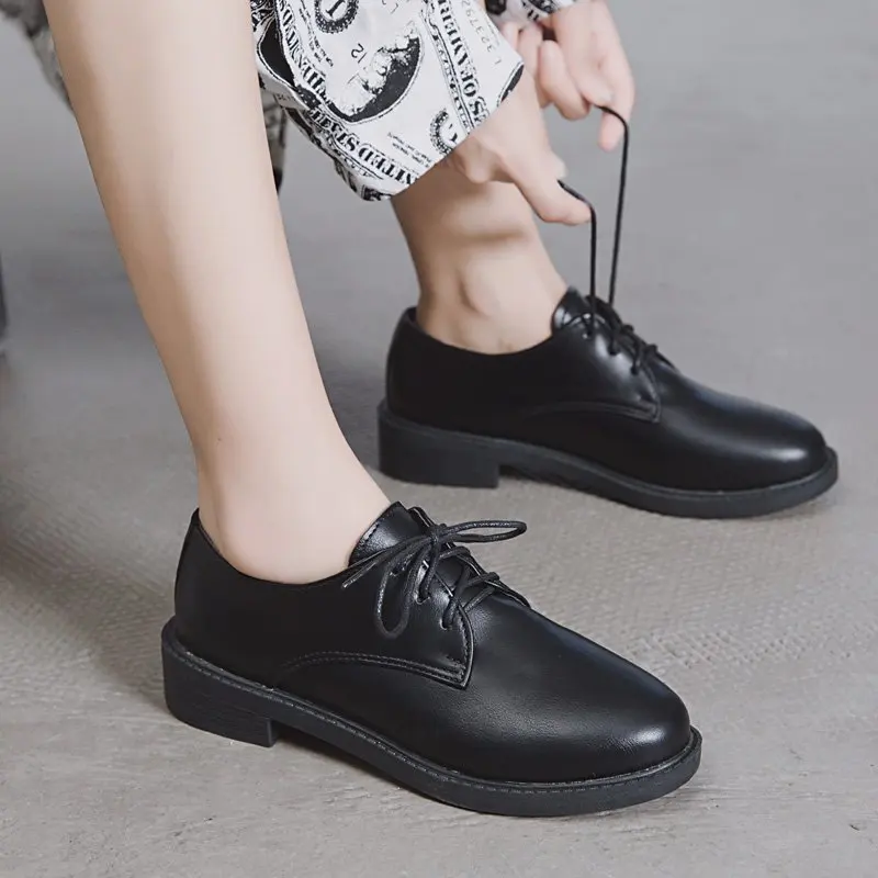 Ballet Derby Shoes Women Autumn Spring Shapes Brogue Leather Full Black Office Outsole Mole Female Ladies Oxford Flats Plus Size