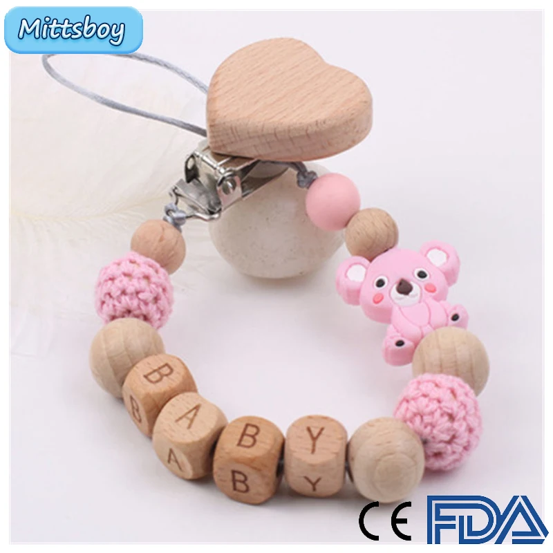 Baby Pink Personalized Wooden Name Handmade Koala Beech Pacifier Clip Holder Chain Silicone Pacifier Baby Teether Teething Chain