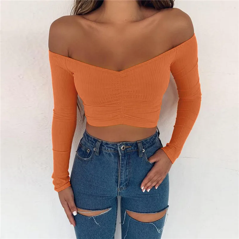 Off Shoulder krótki Top kobiety letnia koszulka z długim rękawem V Neck tshirt elegancka koszulka do klubu na imprezę Femme Dames Streetwear