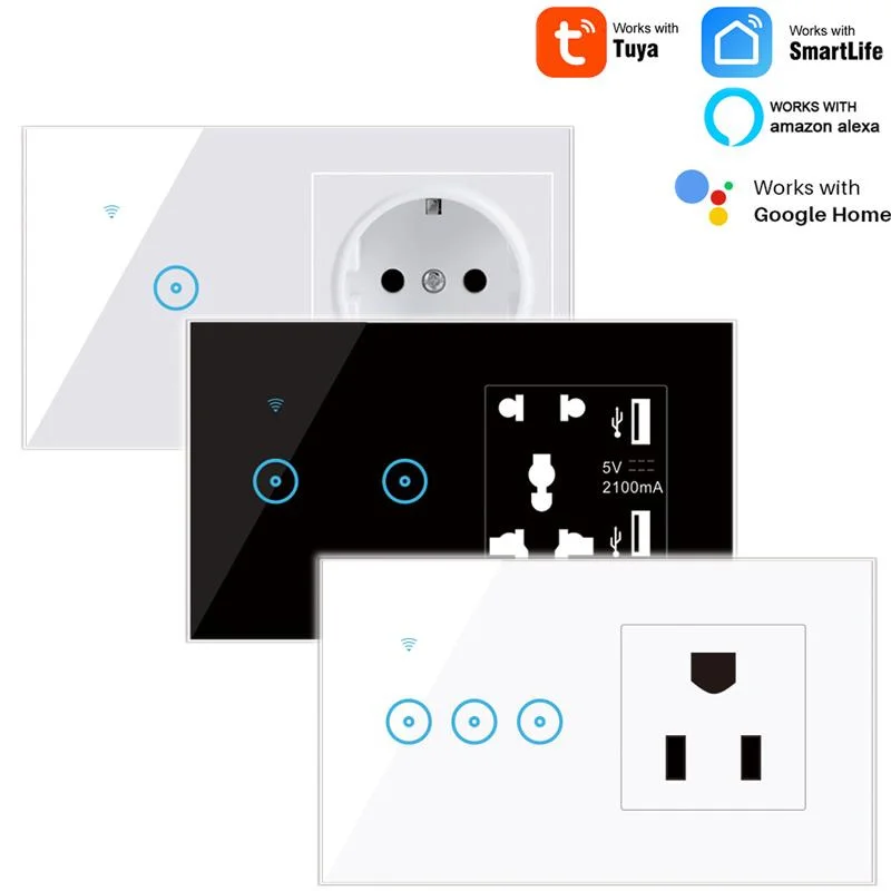 

Tuya/Ewelink 1-2-3 Gang WiFi Smart Switch with Socket Crystal Glass panel 90~250V EU US Socket,UK Double USB Socket ,alexa