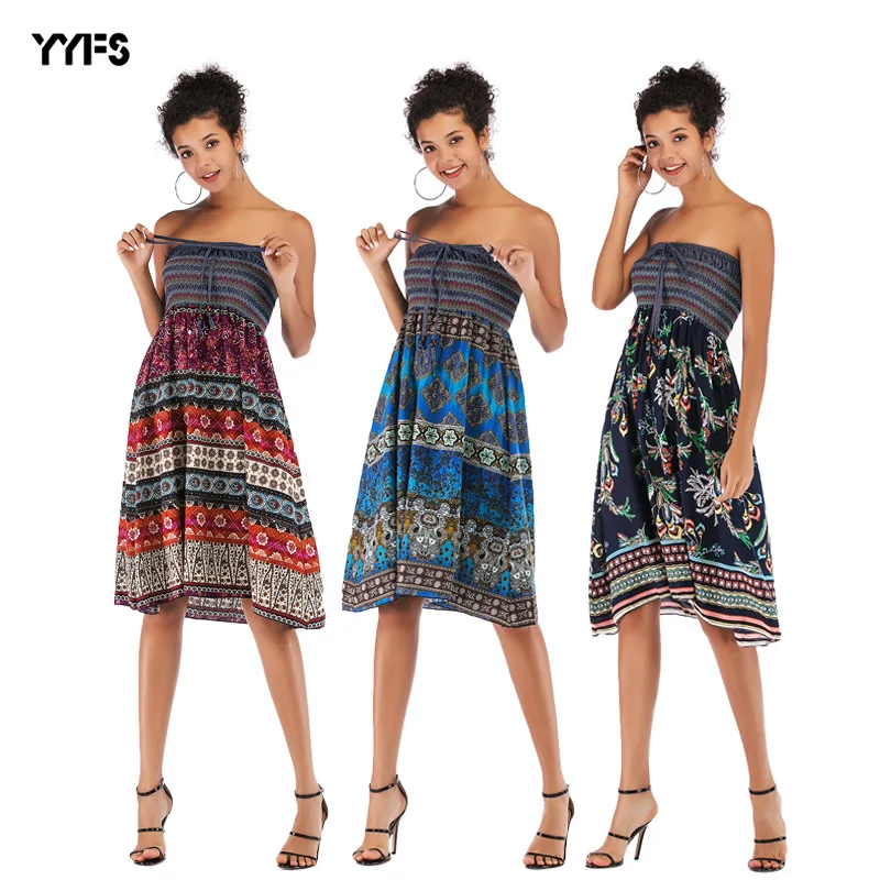 

Summer bohemian European and American street fashion print one-shoulder elastic tie wrap dress