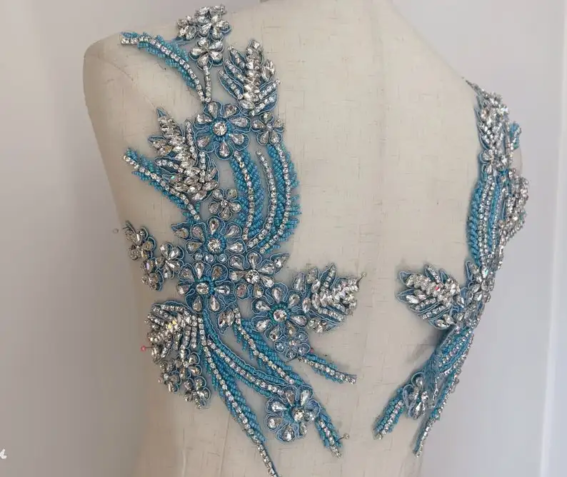 Light Blue Rhinestone Bead Applique Crystal Applique Crystal Bodice Patch Handmade Rhinestone Applique, Bridal Headpiece