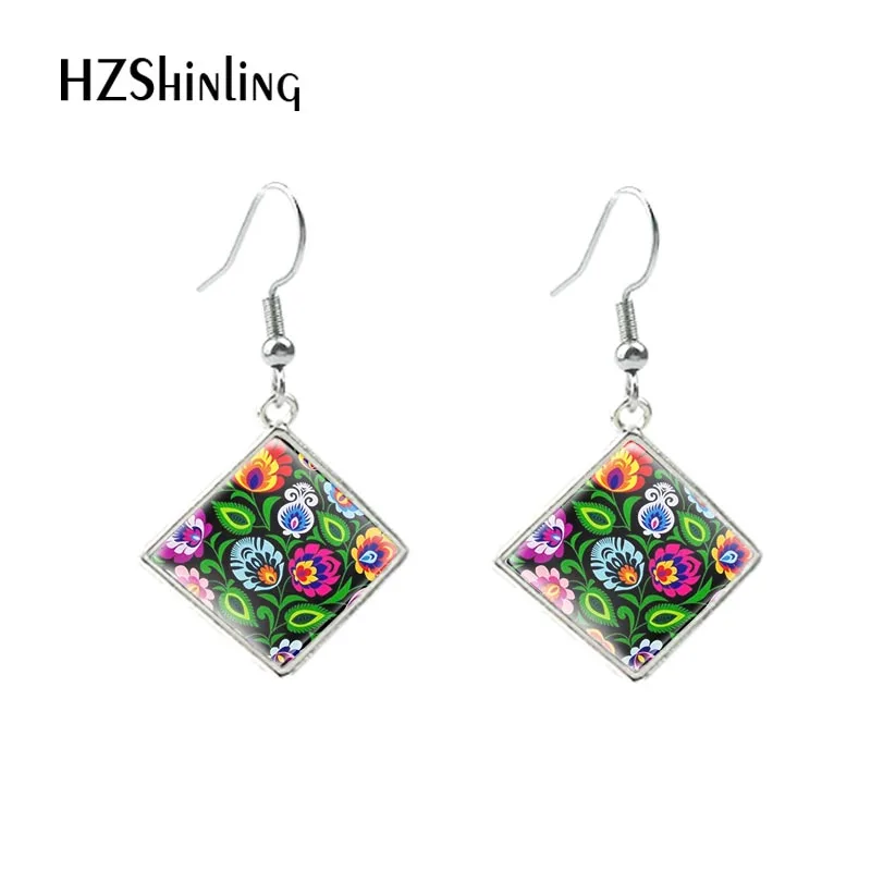 2020 Rhombus Hook Earrings Polish Folk Flower Pattern Dangle Drop Earrings Glass Cabochon Stainless Steel Earrings Jewelry