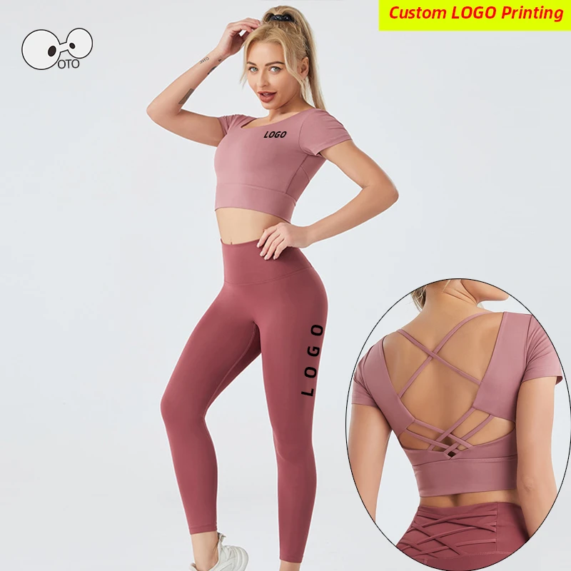 Custom LOGO Build in Bra Women Yoga Running Set Workout Clothes Gym Fitness Short Sleeve Crop Top High Waist Leggings Sport Suit