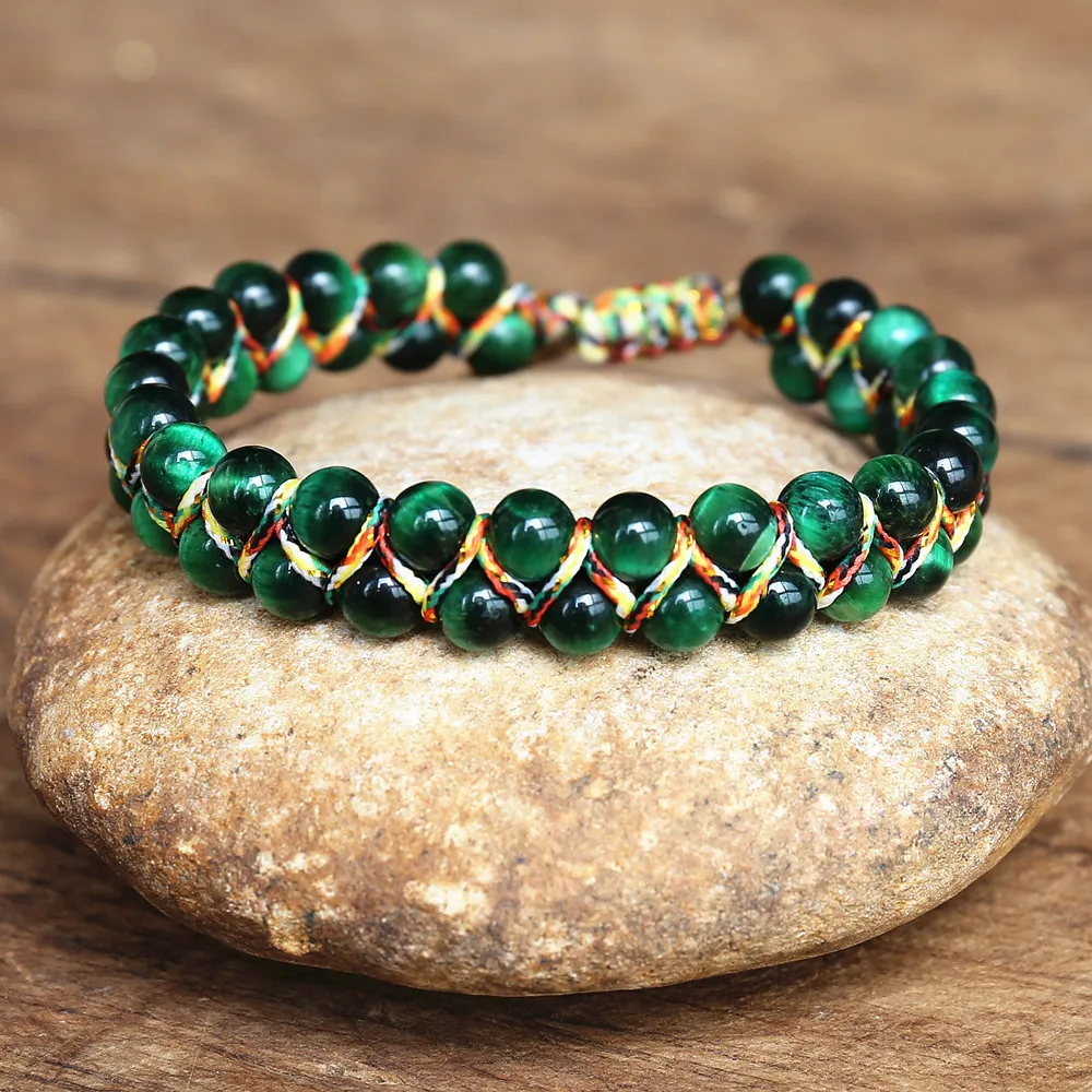 6mm Green Tiger Eye Stone Braided Double Layer Beaded Bracelet Women Men Friendship Strand Charm Bracelet Handmade Jewelry