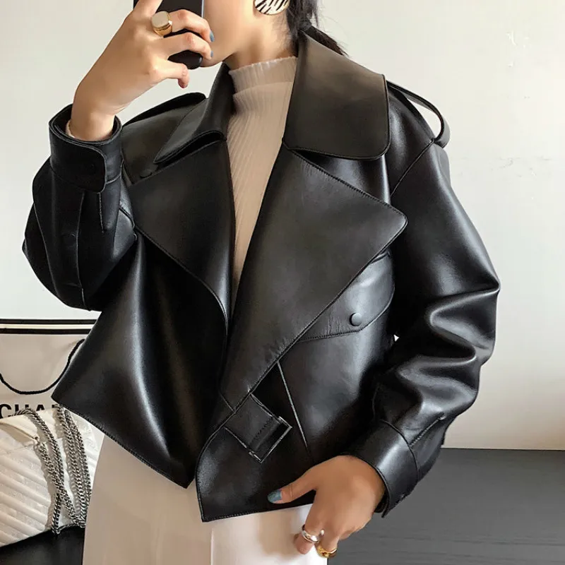 Leather Jacket Women Cute Spring Autumn Sheepskin Genuine Leather Coat Korean Motocycle Jackets Streetwear Chaqueta Mujer