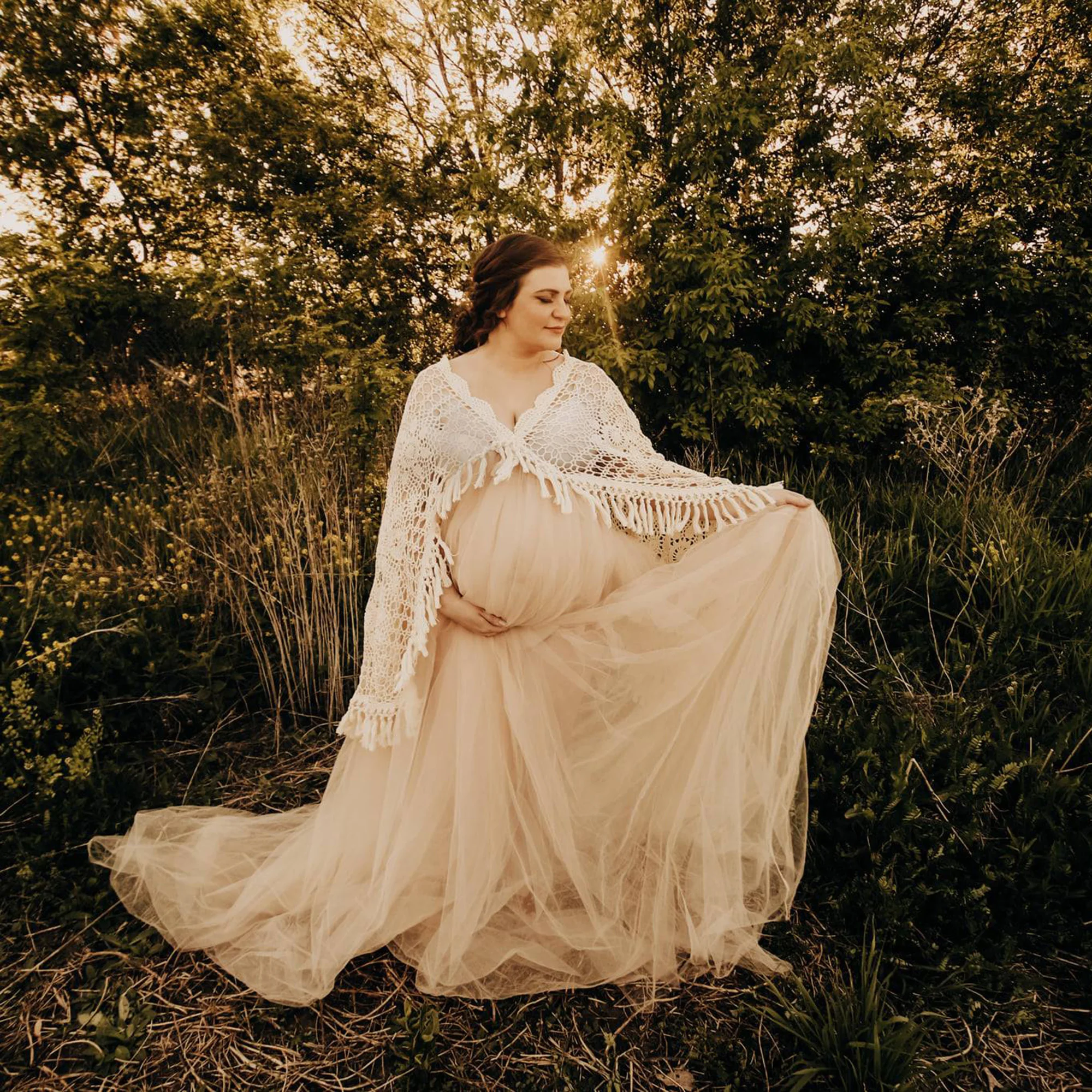 Boho Maternity Costume Long Sleeve Embroidery Maxi Tulle Gown V Neck Bohemia Pregnant Clothing for Photo Shoot Baby Shower Dress