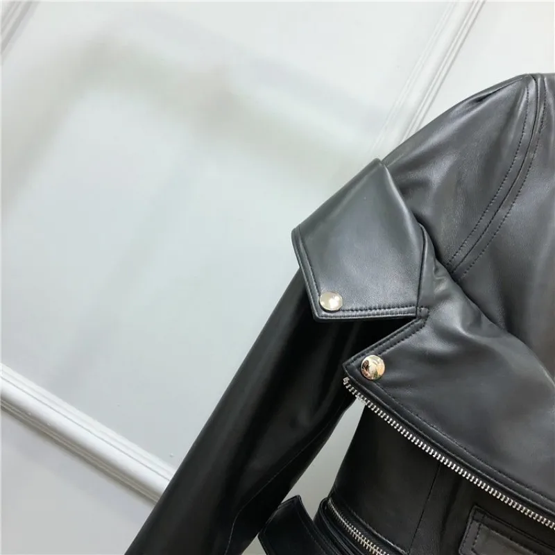 Designer Motorcycle Biker Jacket Female Slim Sashes Sheepskin Real Leather Short Coat Streetwear Punk Black Zipper Outerwear