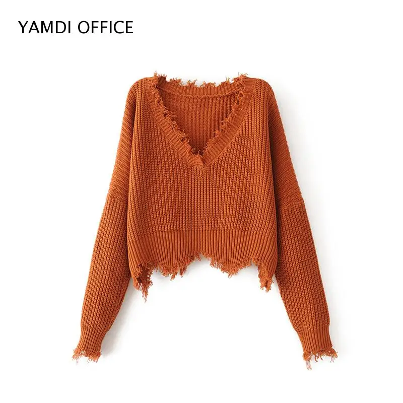 YAMDI 2019 NEW women tassel sweater autumn winter solid orange white black sweaters cropped jumpers v neck sexy knitted pullover