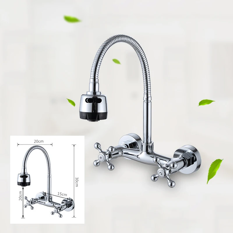 Kitchen Faucet Wall Mounted Bathroom Basin Faucet 360 Degree Rotation Double Handle Dual Hole Cold and Hot Water Mixer Tap Crane