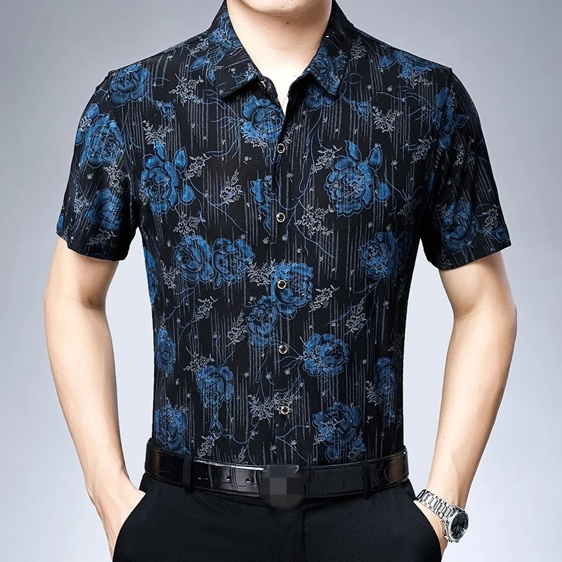 

Casual Business Men Floral Short Sleeve Shirts Summer New Loose Single Breasted Shirts Tops Plus Size Breathable Printed Shirt