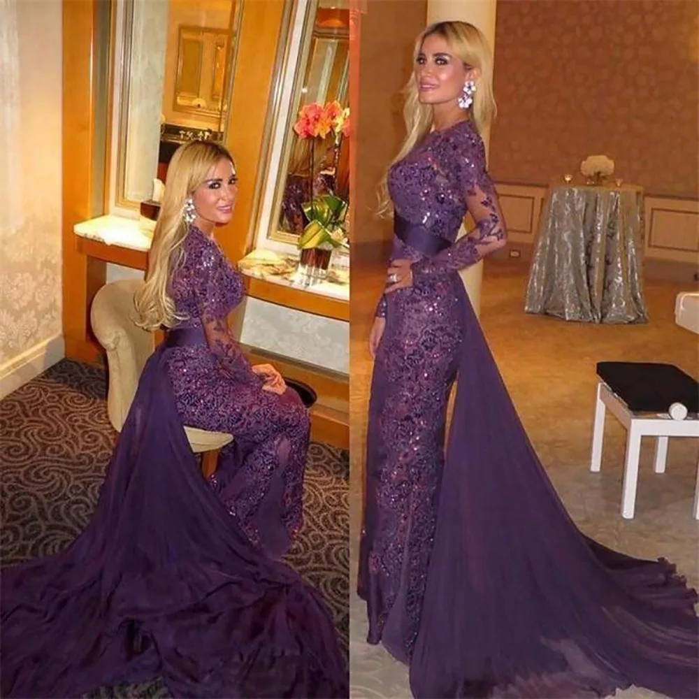 

Islamic Dubai Saudi Arabic Purple Long Elegant Evening Prom Gown Mermaid Muslim Evening Dresses Long Sleeves Lace Crystals