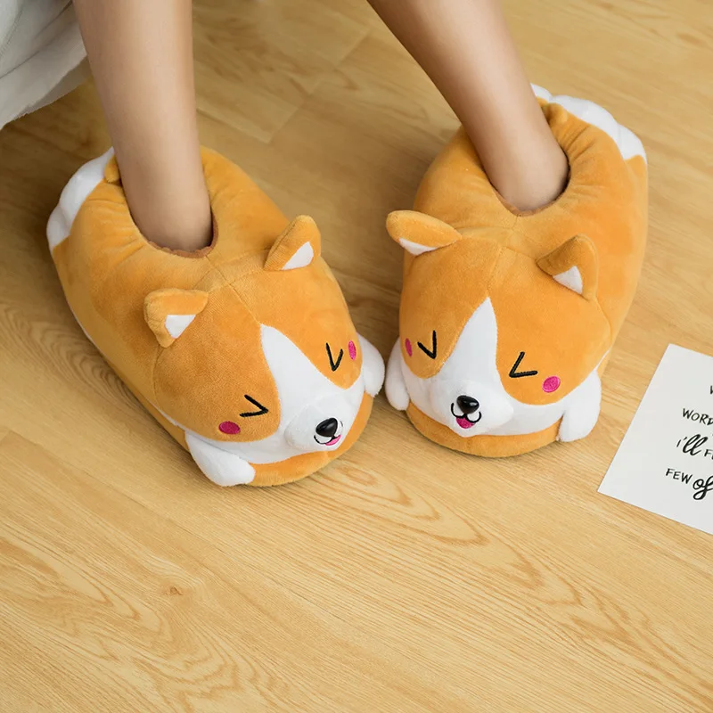 Brand Corgi Dog Slippers Cartoon Cute Double Shiba Inu Warm Plush Corgi Slippers Home Slip Cotton Pad Shoes One Size