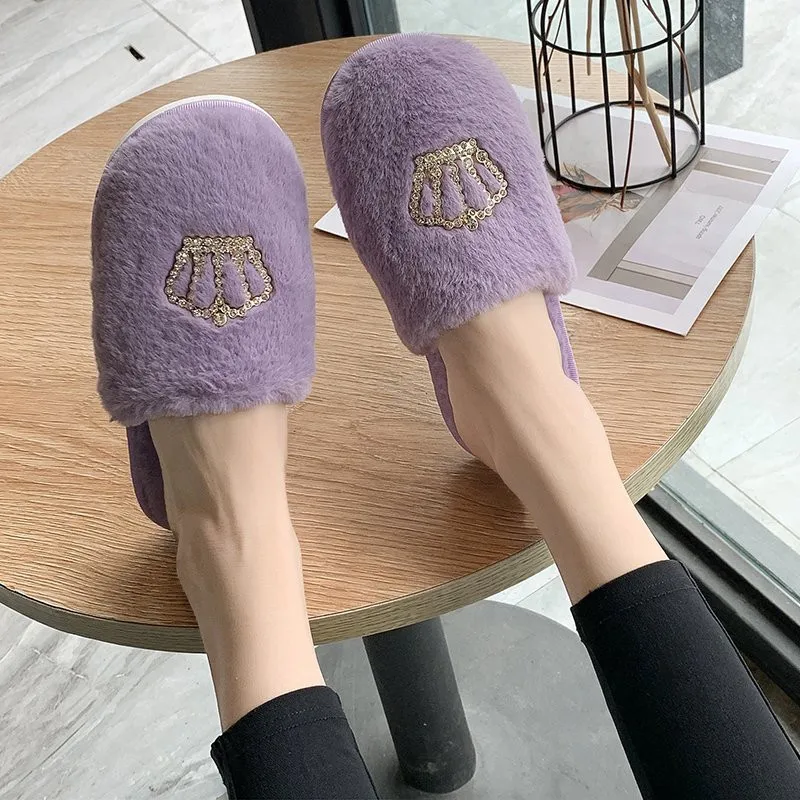 COOTELILI Winter Fashion Women Home Slippers Faux Fur Warm Shoes Woman Slip on Flats Female Fur 1.5cm Heel Plus Size 36-41