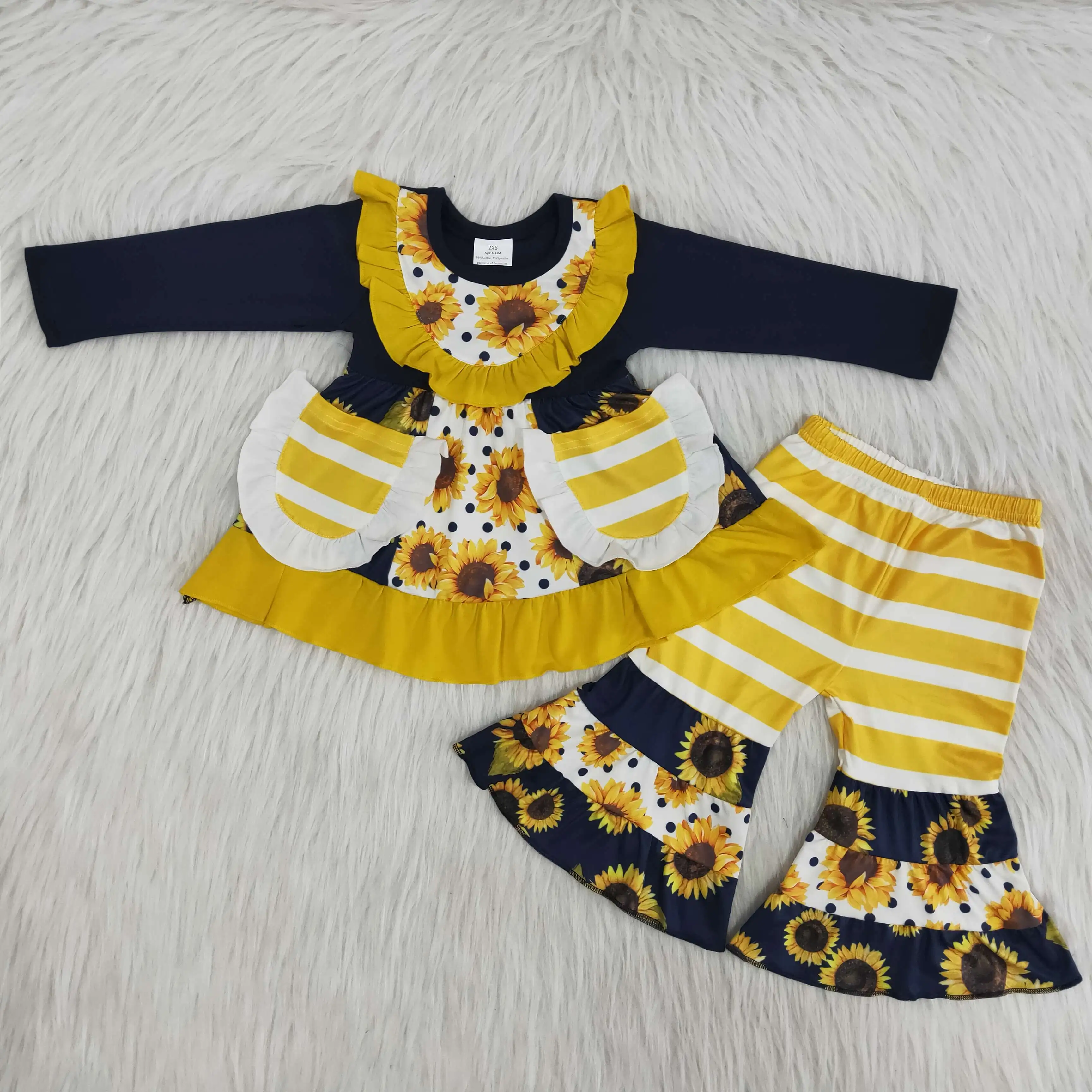 

New Lovely RTS wholesale Cute Little Pocket Sunflower Toddler Girls Tops Bell Bottoms Outfits Boutique Kids Fall Clothing Sets