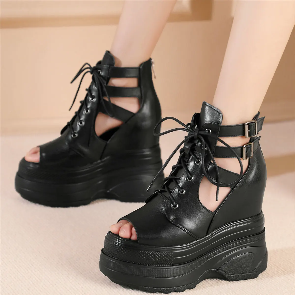 Platform Pumps Shoes Women Lace Up Cow Leather Wedges High Heel Gladiator Sandals Female Summer Fashion Sneakers Casual Shoes