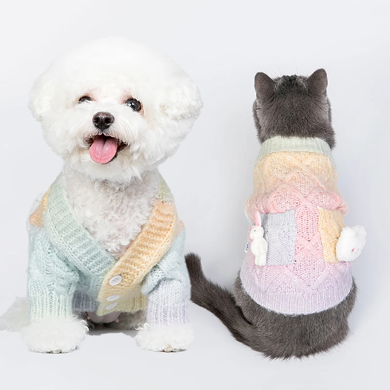 Dog Clothes Sweater For Cats Pet Small Winter Chihuahua York Knitted French Bulldog Christmas Warm Rainbow Cardigan Dachshund