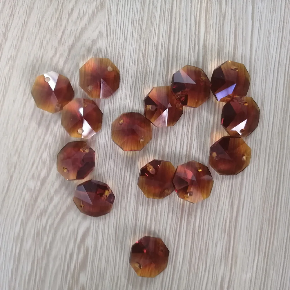 Camal 20pcs Amber 14mm Crystal Octagonal Loose Bead Two Holes Prisms Chandelier Lamp Parts Wedding Centerpiece