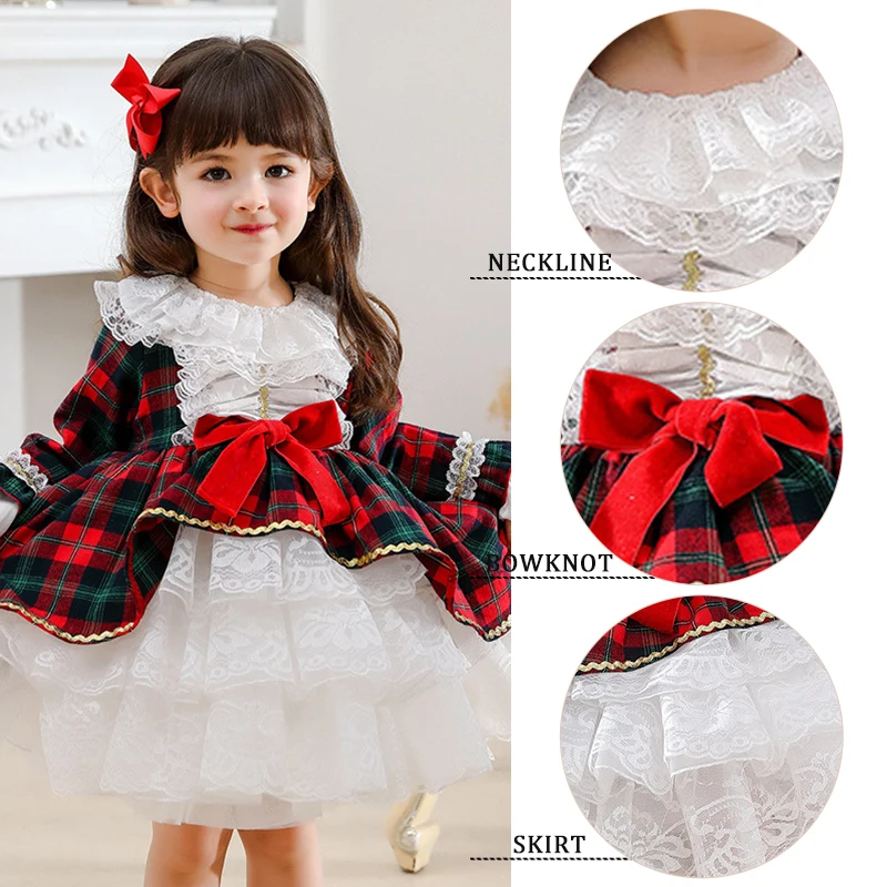 Lolita Girl Dress for Girls Toddler Lace Plaid Dresses Party Birthday Wedding Dress Spanish Court Ball Gown Princess Vestidos