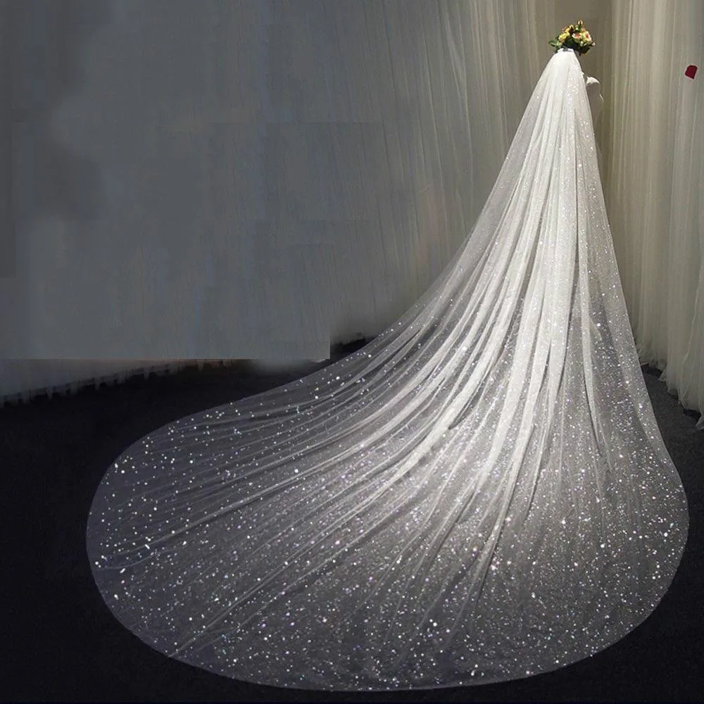 Bling Bling Bridal Veils Sparkly Wit Champagne Lange Kathedraal Lovertjes Bruiloft Sluier Met Kam 3X3.5Meters 1 Laag Velo De Novia