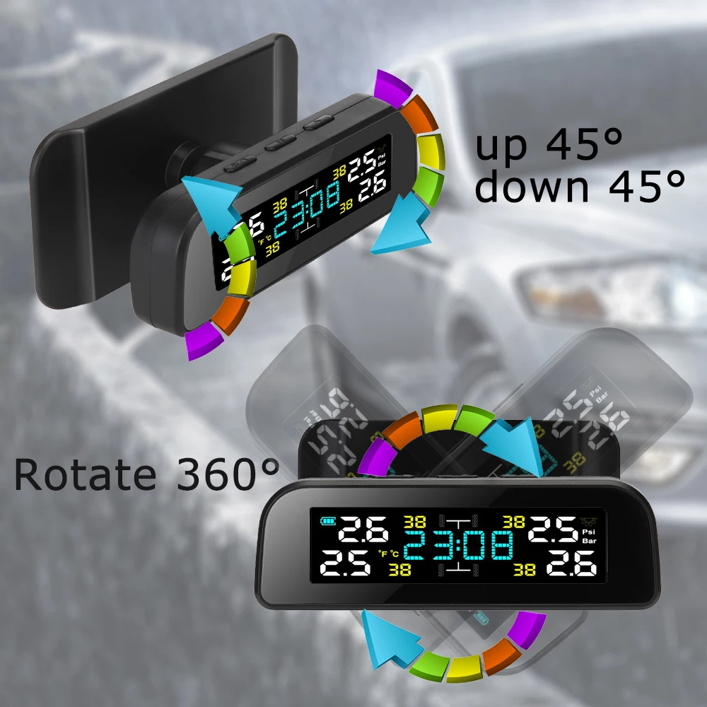 Universele Tpms Draadloze Bandenspanningscontrolesysteem Zonne-energie Klok Lcd Display 4 Externe Sensor Bandenspanning Sensoren