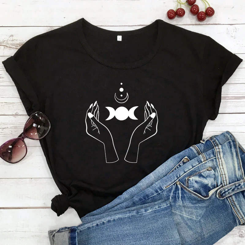 Mystische Mond Phasen T-shirt Ästhetische Frauen Grunge Hexe Hand Top T Shirt Lustige Sommer Kurzarm Celestial T-shirt Camiseta