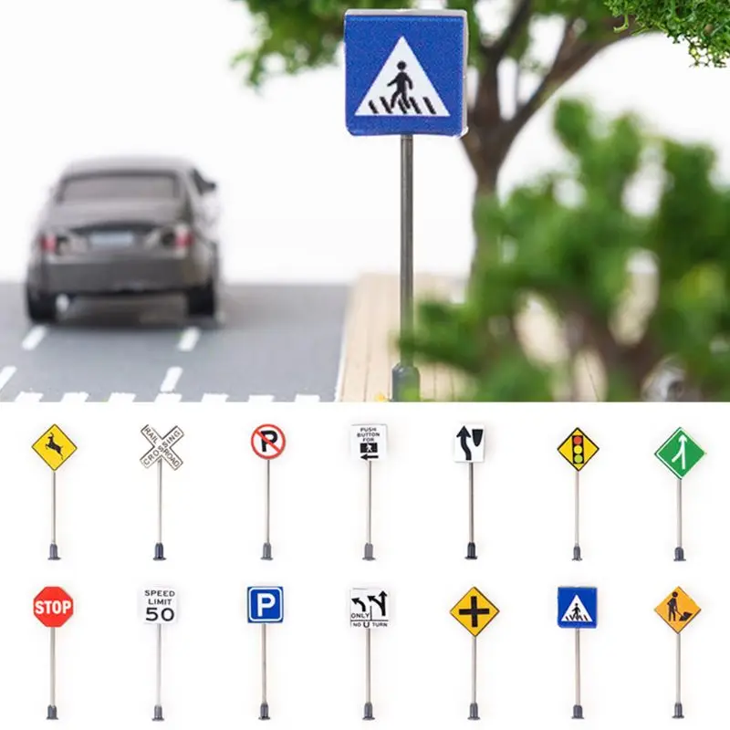 14pcs/set 1/87 Scale Model Mini Traffic Signs Building Sand Table Model Accessories Micro Landscape Decoration Road Sign