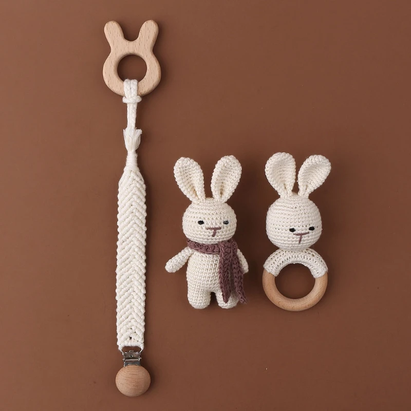 1 Set DIY Crochet Rabbit Baby Teether Newborn Bunny Rattle Toy Wooden Molar Teething Ring Pacifier Clips Chain Set Baby Stuff