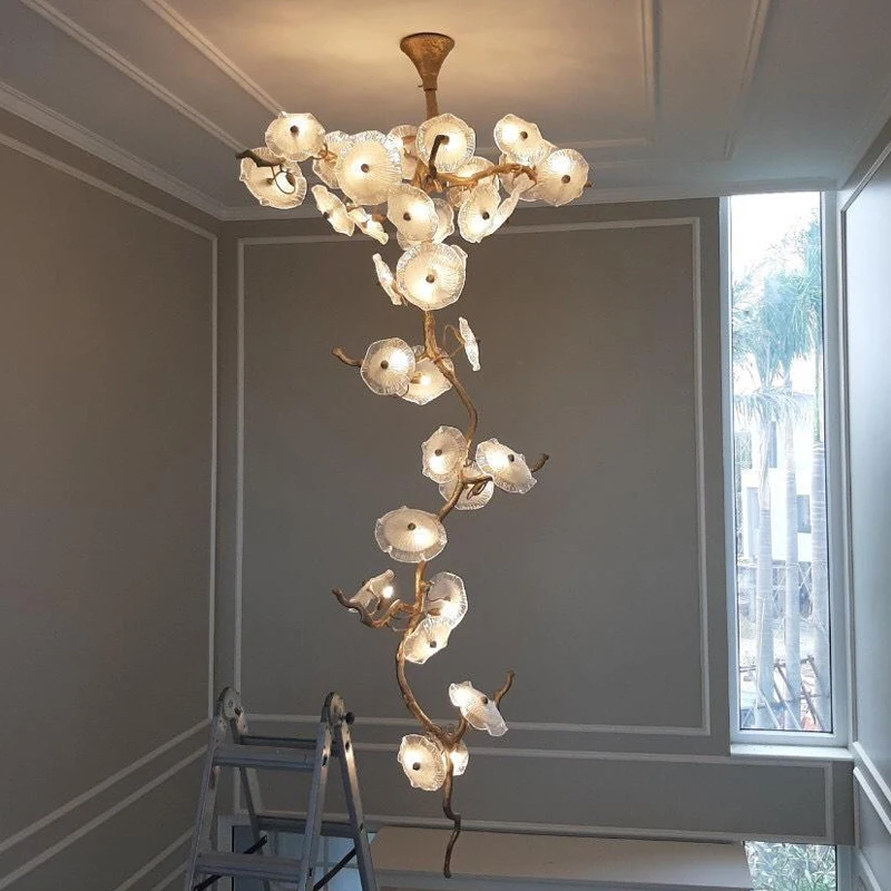 YiYingart Lighting Duplex Building Stair Crystal Chandelier Copper Colored Glazed Chandeliers Water Drops Chandeliers Lustre