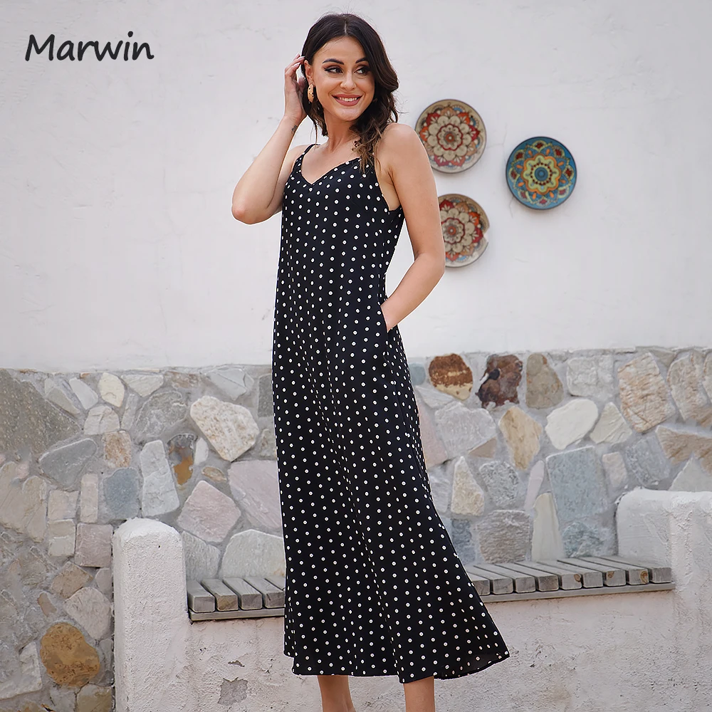 Marwin Simple Casual Fashion Spaghetti Strap Long Women Dot Printing High Street Holiday Style Mid-Calf Pockets Dresses Vestidos