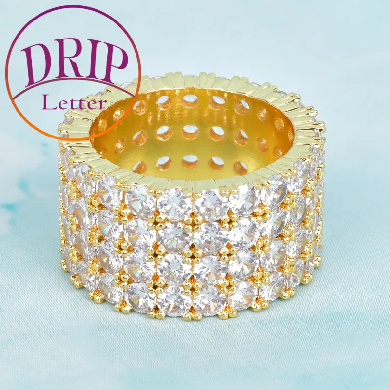 Drip Letter Iced Out Ring for Men Real Gold Plated Four Rows Cubic Zircon Charm Hip Hop Jewelry