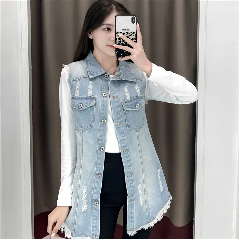 S-6XL Women Denim Vest Sleeveless Ripped Single-Breasted Waistcoat Spring Autumn Casual Midi-Length Jean Vest Coat