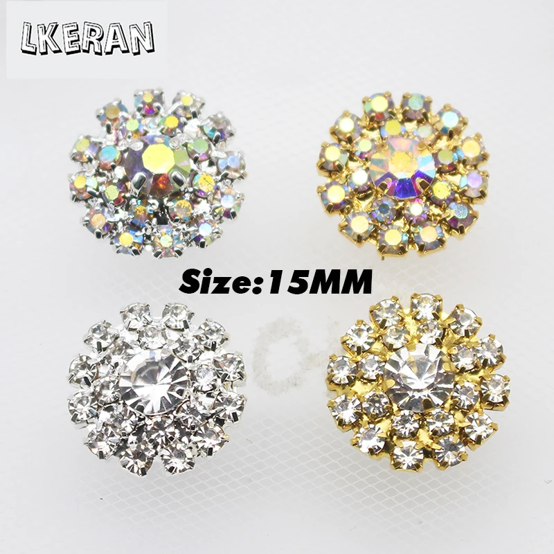 NEW 10Pcs 15MM Metal AB/Clear All Rhinestone Buttons Flat Diamante Accessories For DIY Wedding Decoration Sewing Clothing Button