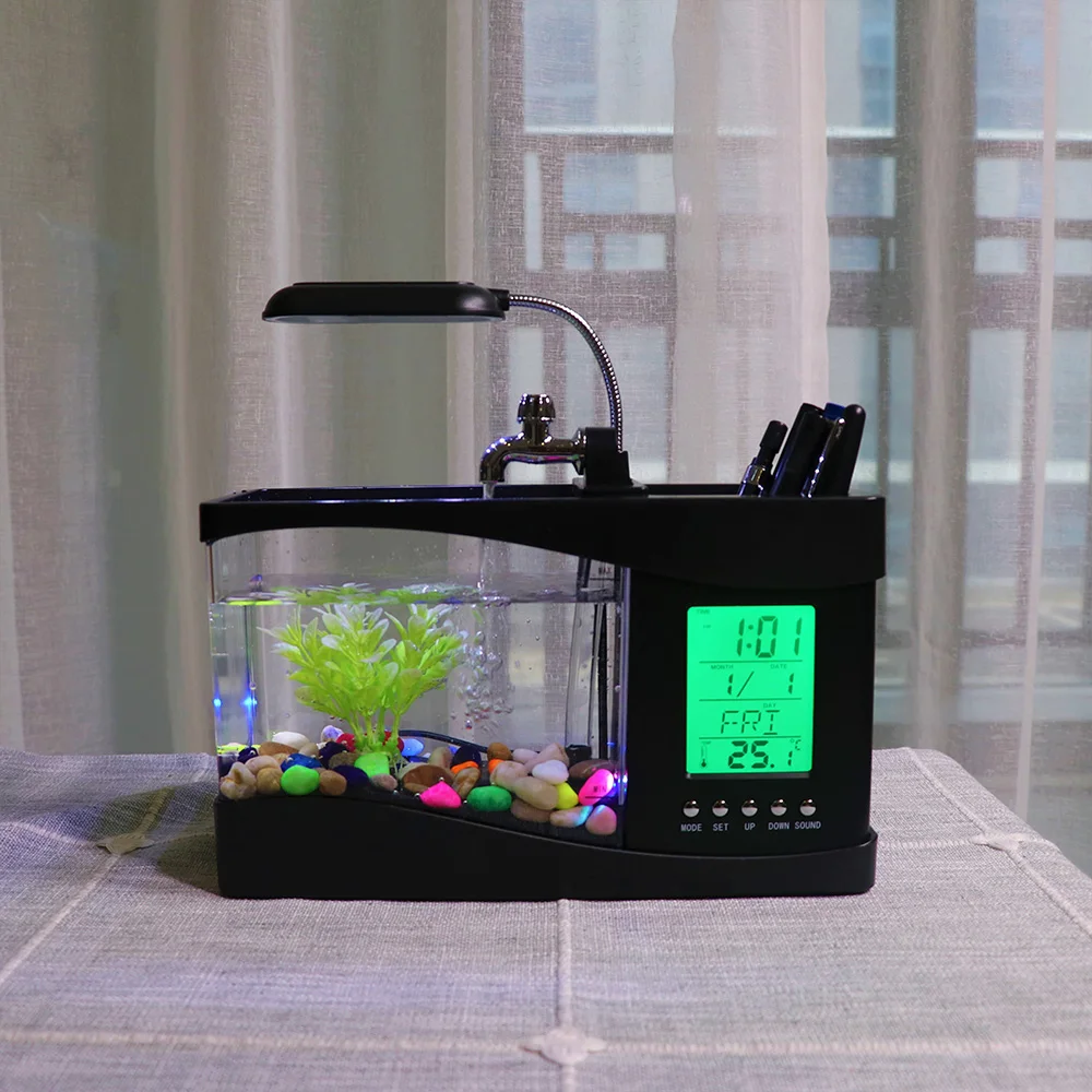 Fish Tank Mini Aquarium Beta Self Cleaning with LED Light LCD Display Screen and Clock Fish Tank for Office Home Decoration D30