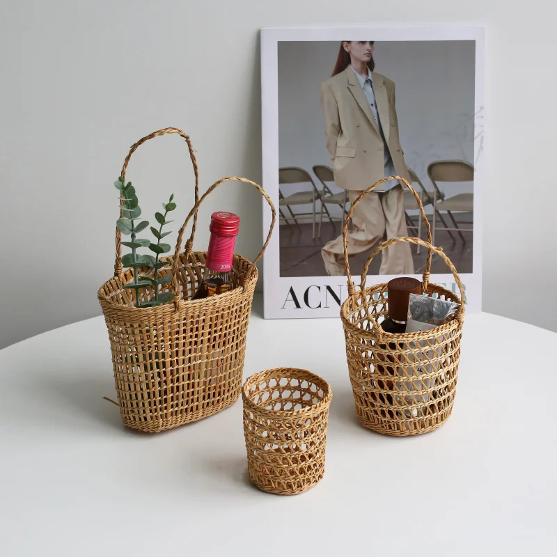 INS Handmade Small Rattan Basket Straw Woven Bamboo Basket Storage Woven Basket Pen Holder Storage Handbag Photo Props