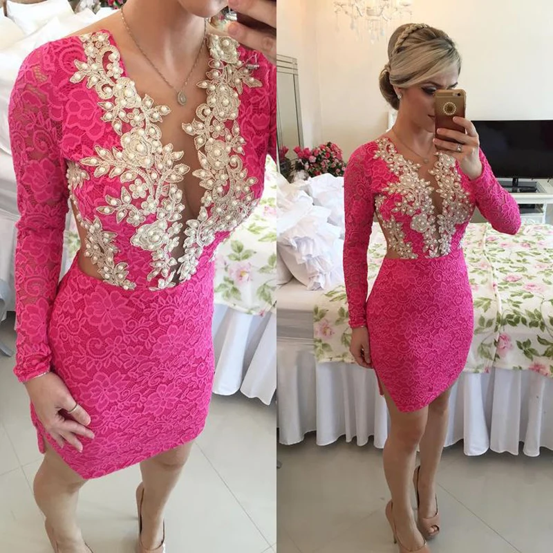 

E JUE SHUNG Fuchsia Lace Short Prom Dresses Long Sleeves Cutaway Sides Lace Appliques Homecoming Party Gowns robes de soirée